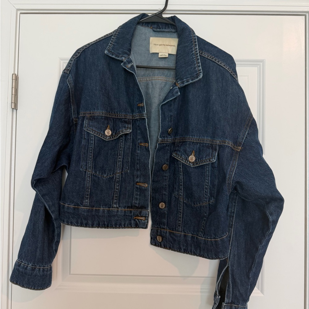 LIKE NEW Anthropologie cropped jean jacket dark wash denim